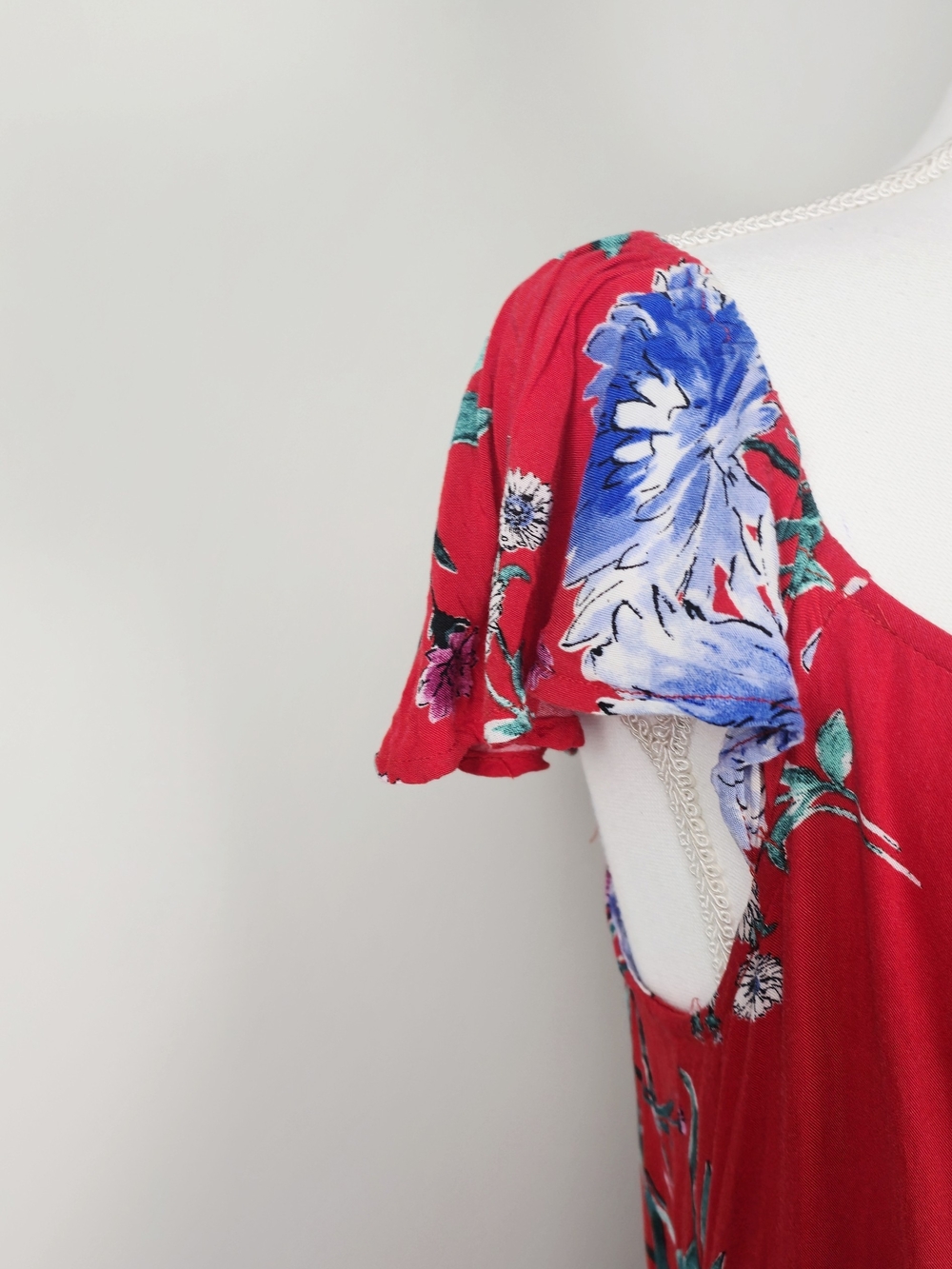 Band of Gypsies Off Shoulder Ruffle Sleeve Red Floral Maxi Dress & Blue Blooms - Picture 5 of 16